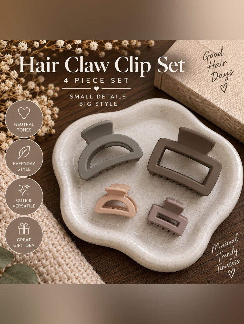 4-Piece Neutral Matte Hair Claw Clip Set of 4 New